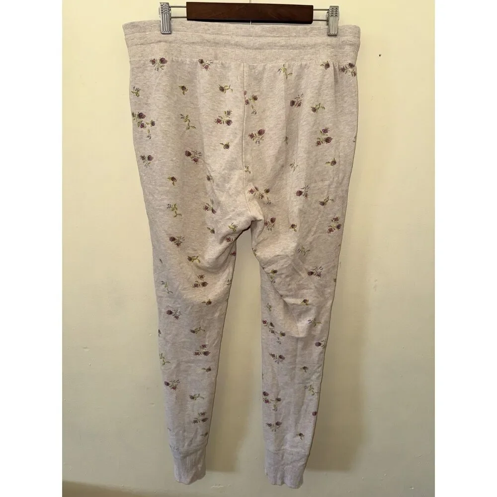 Aerie Floral French Terry Joggers Medium Beige Rose Print Drawstring Sweatpants - Picture 2 of 10